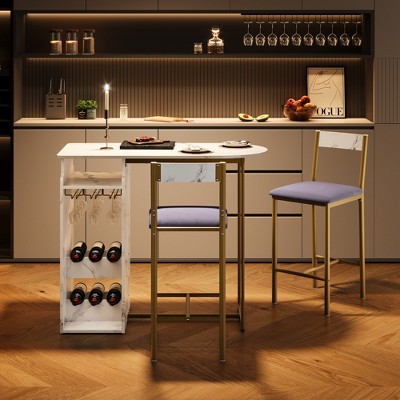Bar Table and Chairs for 2, Dining Room Table with Double Tier Wine Rack and Glasses Hanging, White Marble Pattern and 2 Velvet Seat