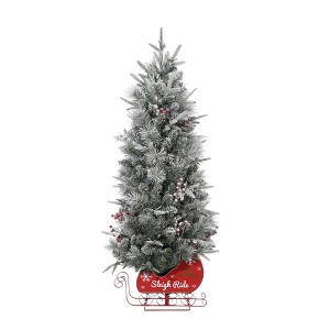 3FT Pre-Lit Artificial Christmas Tree, Small Snow Flocked Xmas Tree with 78 LED Lights & Sleigh Base for Home Office Decor - 1 of 4