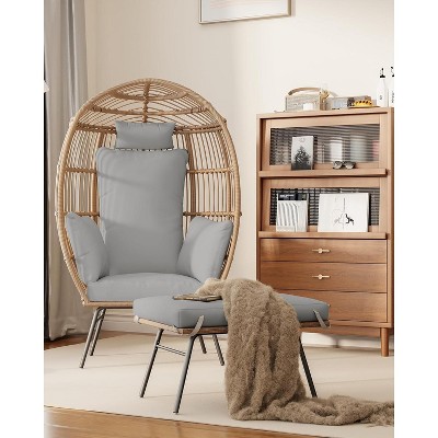 Indoor& Outdoor Oversized Wicker Egg Chair with Ottoman, Waterproof UV Resistant Patio Lounge Chair with Beige Cushions