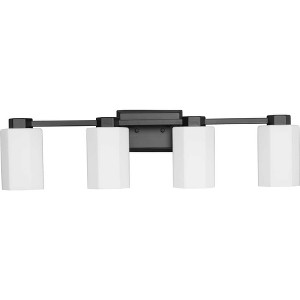 Progress Lighting Estrada 4-Light Vanity Light, Steel, Matte Black, Opal Glass. Timeless hexagonal motif for modern bathrooms. - 1 of 3