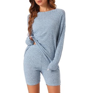 cheibear Women's Ribbed Knit Long Sleeved Top with Slim Biker Shorts Lounge Set - 1 of 4