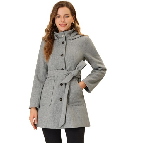 Allegra K Women's Winter Stand Collar Outwear Detachable Hood Belted Long  Coat Grey Large