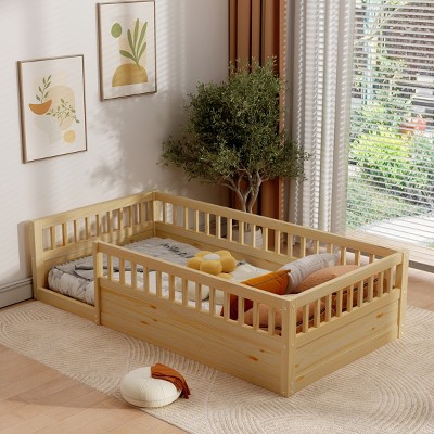 High Guardrails Enhanced Safety Design Floor Bed,Low Ground Design Platform Beds,Natural Solid Pine Wood Full Bed-Cuddlewood