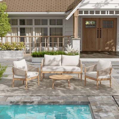 4 Piece Boho Acacia Wood Chat Set with Cushions,Outdoor Loveseat Patio Conversation Set,Rope Accent Chair Set with Coffee Table-Coolbibila