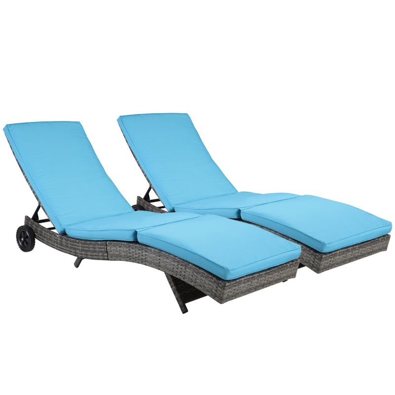 Outsunny 2 Piece Chaise Lounge Pool Chair Set, Outdoor PE Rattan Cushioned Patio Sun Lounger w/ 5-Level Adjustable Backrest & Wheels, Wicker, Sky Blue, 1 of 7