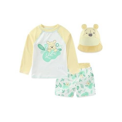 Disney Winnie The Pooh Baby Boys UPF 50+ Rash Guard, Swim Trunks and Sun Hat with Ears 3 Piece Bathing Suit Set for Infants - 12M