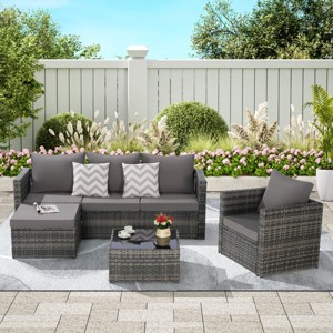 Outdoor Sofa Set, 6 Pcs Furniture Set, Wicker Sofa With Cushions,  L- Shaped Sofa, Detachable Lounger and Coffee Table -Coolbibila - 1 of 4