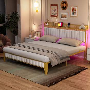Whizmax Bed Frame with Charging Station, LED Bed Frame with Storage Headboard, Upholstered Platform Bed Frame, No Box Spring Needed, Gold