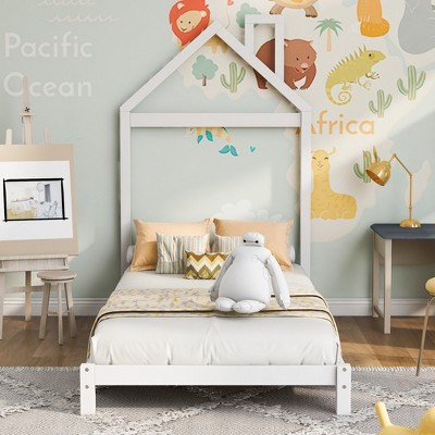 Whisen Twin Size Wood Platform Bed with House-shaped Headboard