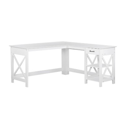 White Wood Corner Writing Desk with Drawer and Filing Cabinet