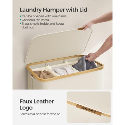 Cream White Collapsible 3-Section Laundry Hamper with Bamboo Lid