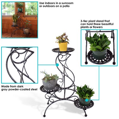 Victorian Dark Gray 3-Tier Steel Plant Stand with Scroll Design