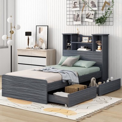 Bed Frame, Platform Bed With 4-grid Bookshelf, 2 Large Storage Drawers, Solid & Silent Bed Frame, No Box Spring Required