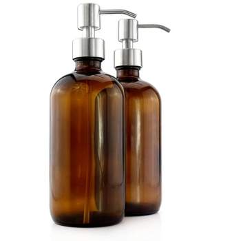 Cornucopia Brands 16oz Amber Glass Bottles w/Stainless Steel Pumps 2pk; Lotion & Soap Dispenser Brown Boston Round Bottles