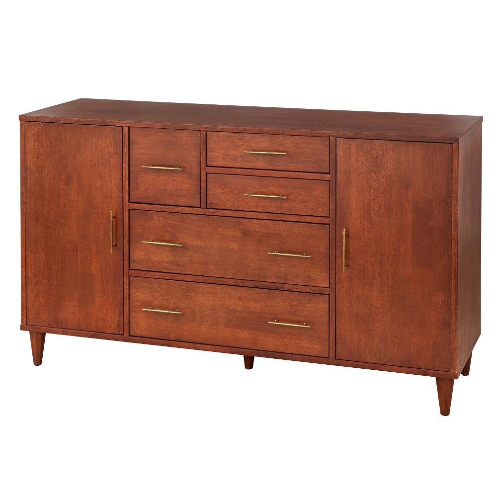 Lifestorey Ana Mid Century Modern Buffet Oak: Rubberwood Sideboard, 5 Drawers, 2 Doors, Adjustable Shelves