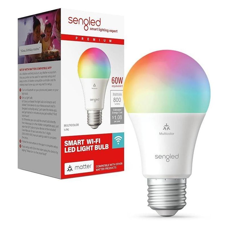 Sengled 800 Lumens Multicolor LED Smart Light Bulb Matter Enabled Instant Pairing Compatible With Alexa - 60W, 1 of 6