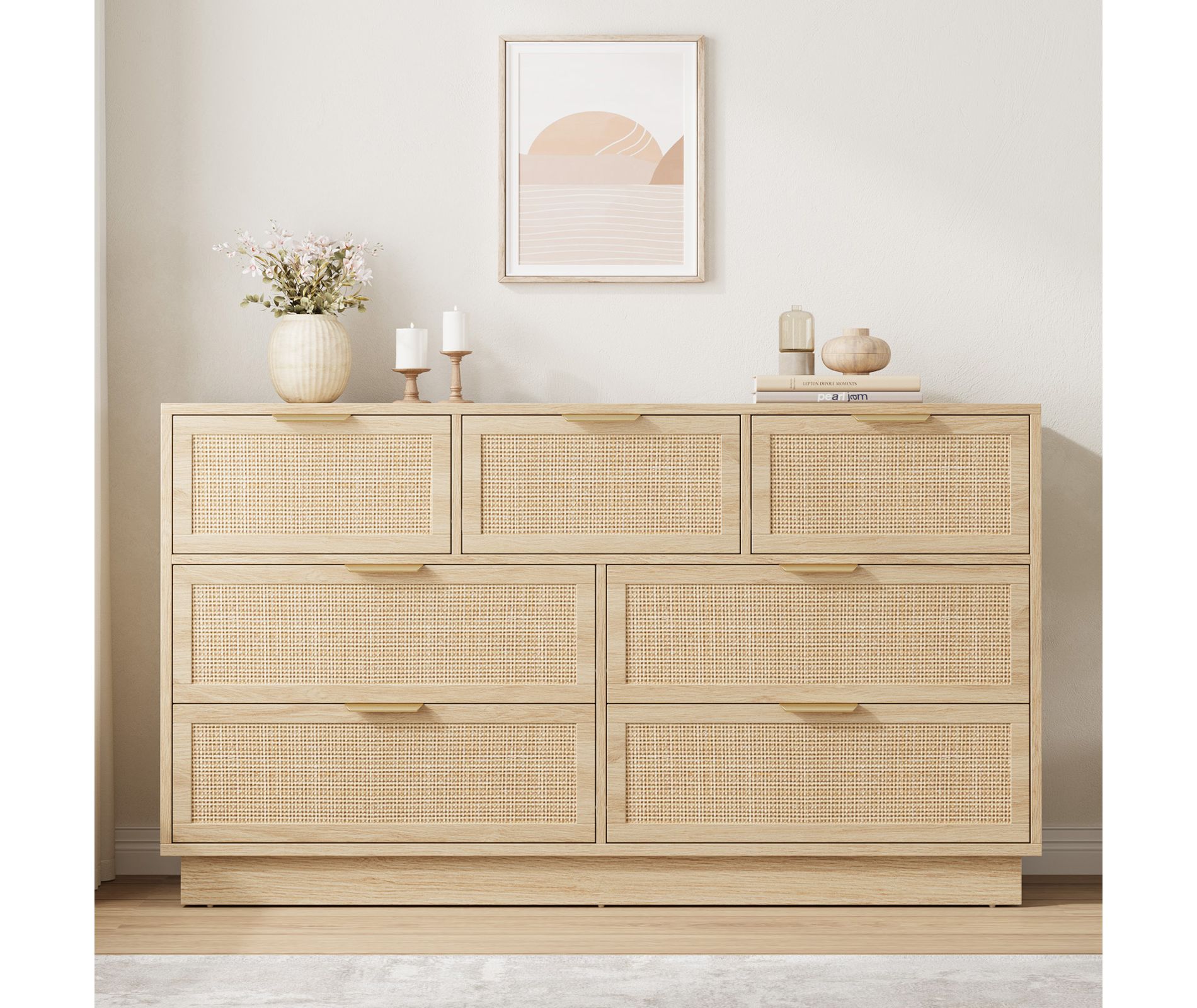 Rattan 7 Drawer Dresser, 55in Wide Natural Oak 7 Chest of Drawer with Metal Handles and Anti-Tip Design Wooden Closet for Bedroom Living Room Nursery