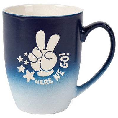 100 North Peace Sign 10 Ounce Navy Blue and White Two Toned Ombre, Comfortably Fits Your Hands, Ceramic Tea Coffee Cup Mug, Here We Go!