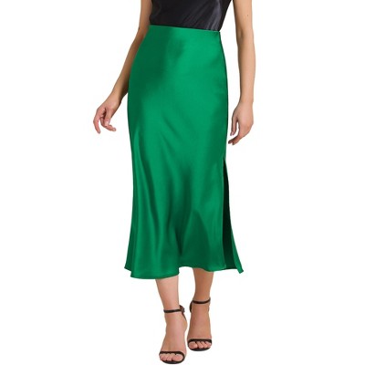 INSPIRE CHIC Women Satin Maxi Elastic High Waist Side Slit Flowy Long for Party Wedding Skirt
