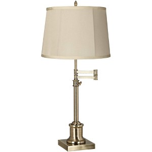 360 Lighting Swing Arm Desk Table Lamp 36" Tall Antique Brass Beige Fabric Drum Shade for Living Room Bedroom Bedside Office Family - 1 of 4