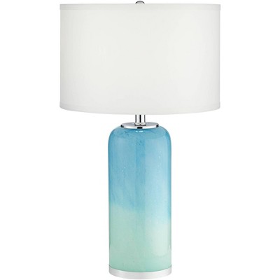 360 Lighting Modern Table Lamp with Nightlight Blue Art Glass Off White Drum Shade for Living Room Bedroom Bedside Nightstand