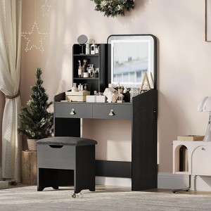 Girls & Women’s Vanity Desk Set: LED Light Mirror, Charging Station, 2 Drawers + Storage Stool – Small Makeup Vanity for Bedroom - 1 of 4