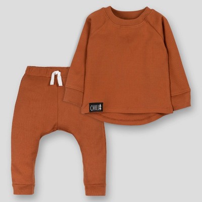 Image of Lamaze Baby 2pc Organic Cotton Adobe Thermal Loungewear Long Sleeve Top & Bottom Set - Chestnut Brown