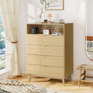 43 Inch Tall Fluted 4-Drawer Chest with Open Shelf, Modern Wooden Storage Cabinet for Bedroom, Living Room, Entryway - 1 of 4
