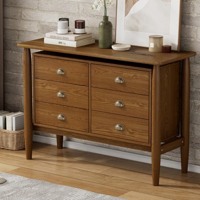 Dresser Storage Cabinet With 6 Drawers Rubberwood Mid Century Modern Wood Cabinet For Bedroom Living Room Decoration