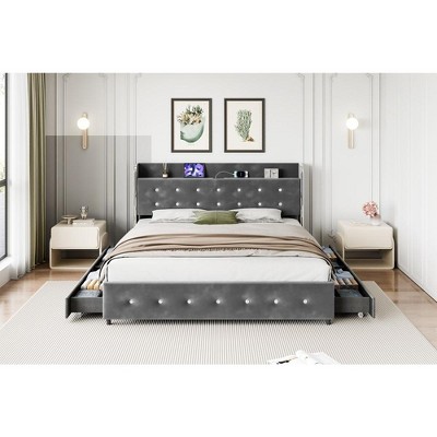 Upholstered Platform Bed Frame with Trundle and 4 Storage Drawers