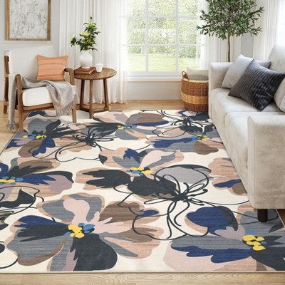 Washable  Modern Flower Pattern Area Rug Non Slip Low Pile Floor Carpet Soft Foldable Stain Resistant Non Shedding Throw Rug