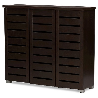 Photo 1 of Adalwin Modern and Contemporary 3-Door Wooden Entryway Shoes Storage Cabinet - Dark Brown - Baxton Studio, BOX 1 OF 2 ONLY, MISSING OTHER BOX IN SET