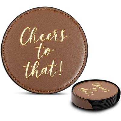 Juvale Set of 6 Round Brown PU Leather Drink Coasters with Holder Stand, Cheers to That