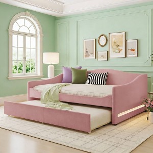 Luxystar Full Size Teddy Fleece Upholstered Daybed with LED Light and Trundle - 1 of 4