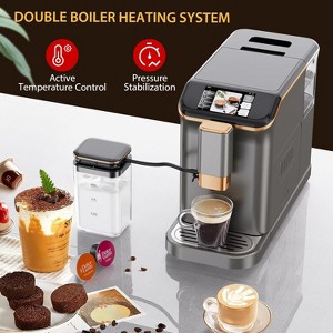 Fully automatic espresso machine with milk frother, steam wand, insulated container, and gold finish. Features soft-touch control and 1350W power. - 1 of 4