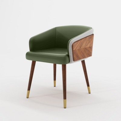 ARTPLAN Mid Century Modern Dining Chair, Faux Leather with Walnut,Uphoolsted Accent Arm Chair,Sitting Chair with Wooden Gold Metal feet