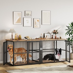 Heavy Duty Double Dog Crate with Divider, 87'' Extra Large Dog Kennel Furniture for 2 Medium Large Pets, 3 Door Pet Cage Indoor, Wooden TV Stand - 1 of 4