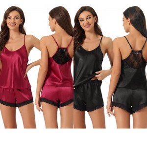 INSPIRE CHIC Women's 2 Pcs Satin Sleeveless Lace Trim Shorts Silky Short Pajama Sets - 1 of 4