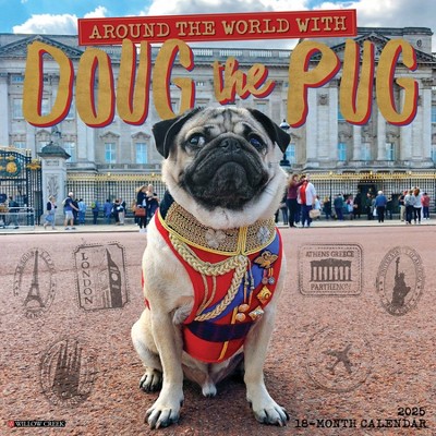 Willow Creek Press Doug the Pug 2025 Wall Calendar: Monthly 12x12" Paper, Sewn Binding, All Ages, Blue