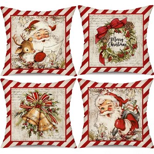 Christmas Pillow Covers 18x18 inch Set of 4 Santa Claus Reindeer - Red Stripe - 1 of 4