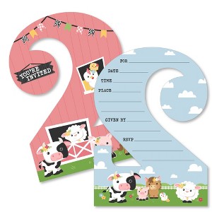 Big Dot of Happiness 2nd Birthday Girl Farm Animals - Shaped Fill-In - Pink Barnyard Second Birthday Party Invitation Cards with Envelopes 12 Ct - 1 of 4