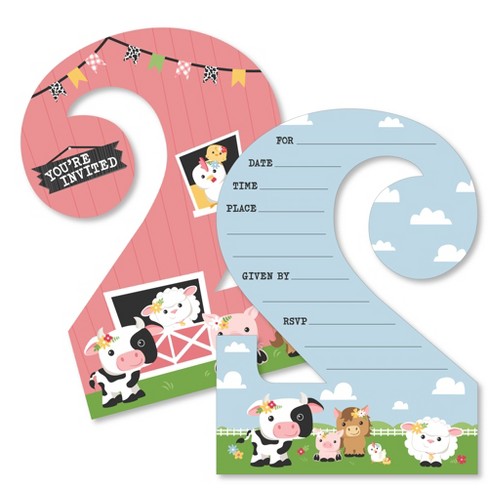 2nd Birthday or any age Turning Two Horse Farm Animals Birthday Invitation for Girl with Flowers Red Barnyard Farm Horseshoe I'm Two
