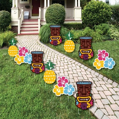 Big Dot of Happiness Tiki Luau - Tiki and Flower Lawn Decorations - Outdoor Tropical Hawaiian Summer Party Yard Decorations - 10 Piece