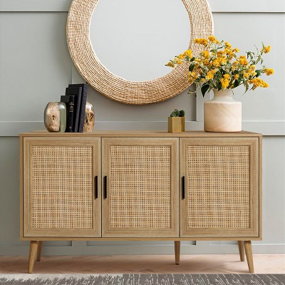 Light Oak 3-Door Rattan and Wood Sideboard Cabinet
