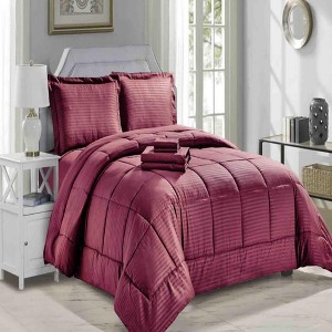 Embossed 8-Pieces Stripe High-Quality Microplush Comforter Set Burgundy by Plazatex - 1 of 4