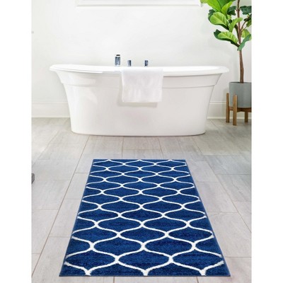 Navy Blue and Ivory Synthetic Trellis Runner Rug