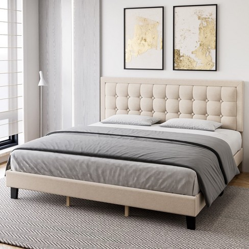 Linen upholstered store bed frame