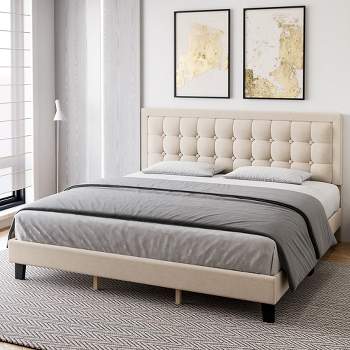 WhizMax Bed Frame, Linen Upholstered Platform Bed Frame with Adjustable Headboard and Wood Slat Support, No Box Spring Needed