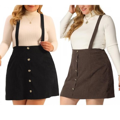 Agnes Orinda Women's Plus Size Button Up Flare Corduroy Suspender Elastic Back A-Line Mini Skirt