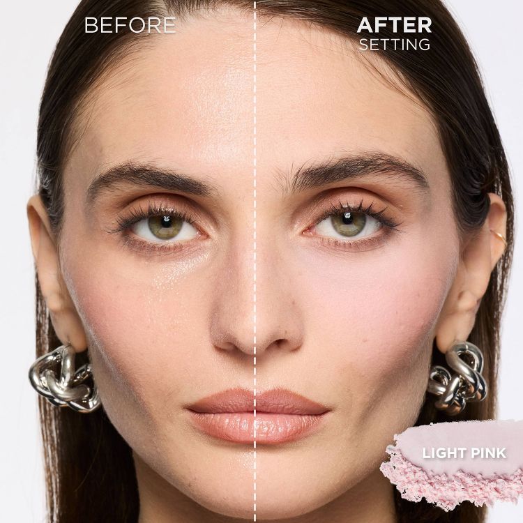 Split image: Woman's face "BEFORE" and "AFTER SETTING" with L'Oréal Infallible Blur-fection powder. The "AFTER" side shows a visibly brighter, smoother complexion. Small swatch of "LIGHT PINK" powder in corner.